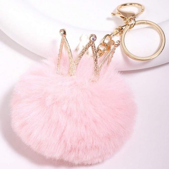 Pink Pom Pom Bag Charm with Crown​ - Picture 2 of 5